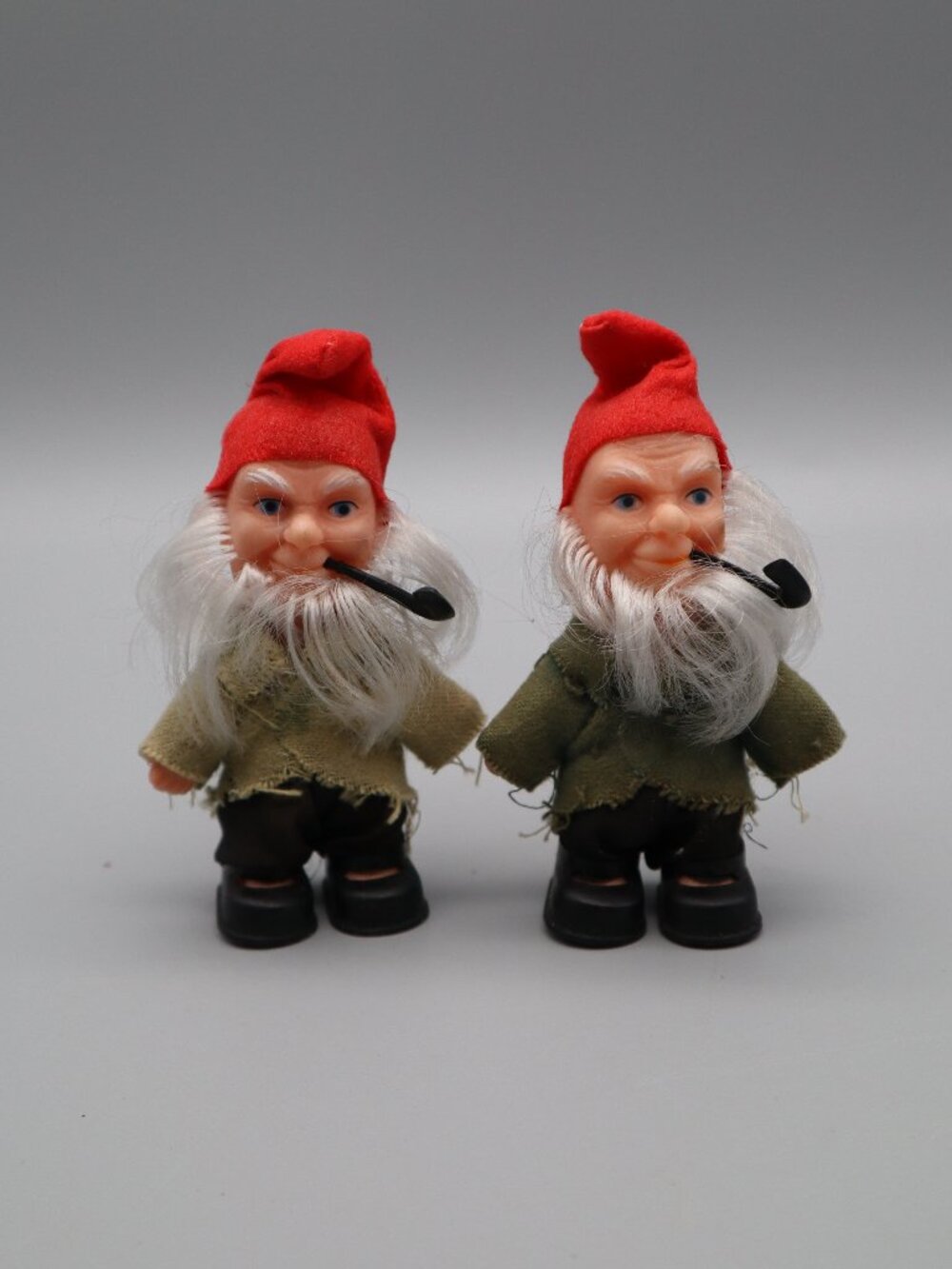 2 Vtg Rubber Face Mini Gnome Tomte Nisse Figurines w/ Pipes 4 3/4" Nordic Scandi
